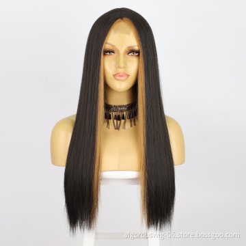 Vigorous Brown Highlights Full Women's Wig Centre Parting Long Straight Layered Heat Resistant synthetic hair lace wigs